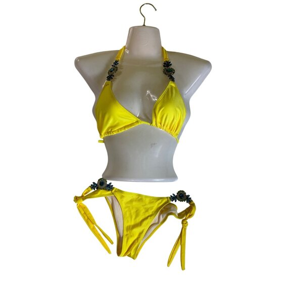 Yellow Bikini Large Blue Rhinestones Gems Sexy Swimsuit Bathing Suit Beach Pool - Picture 1 of 7